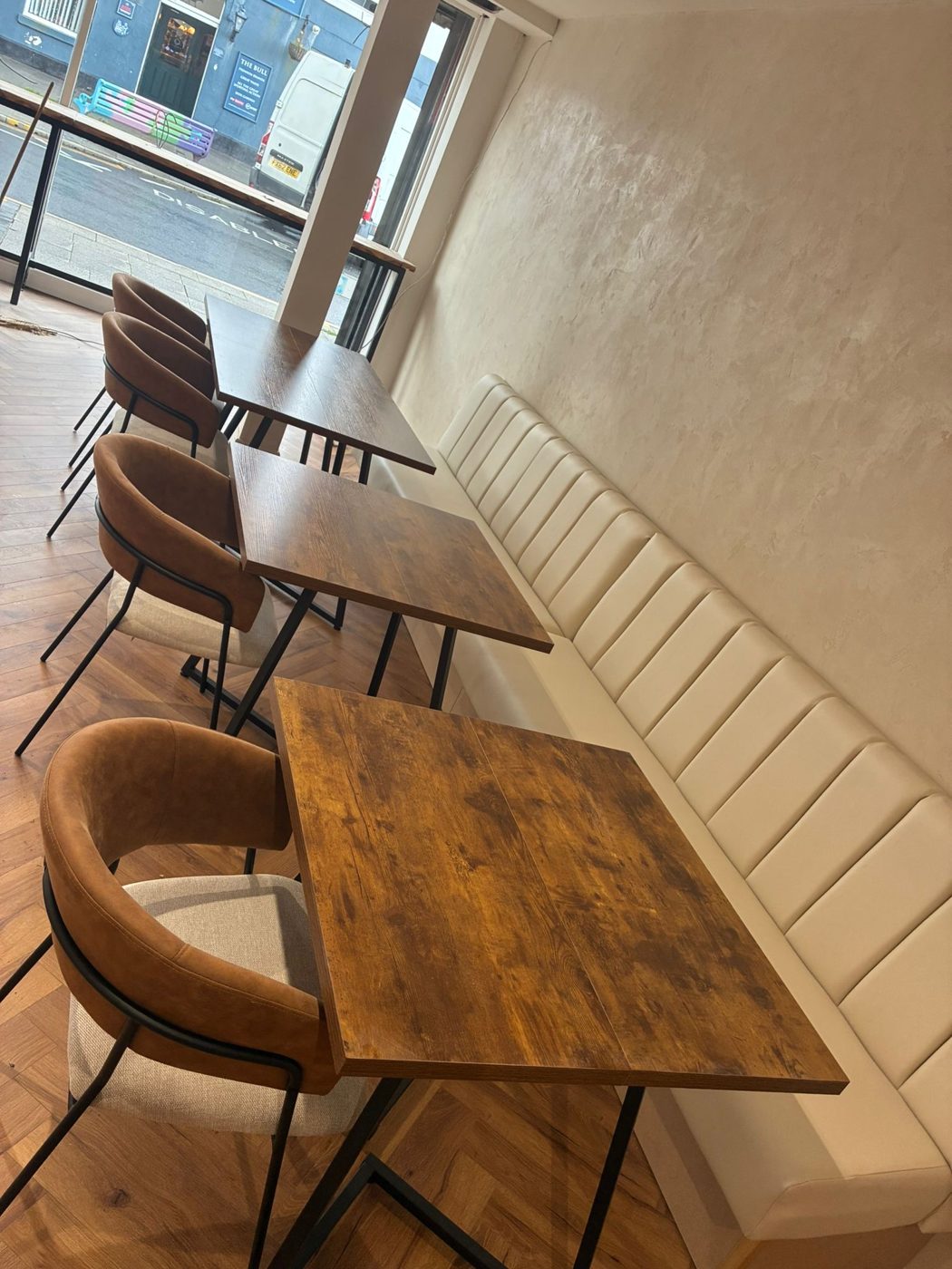 Cafe banquette seating with tables and chairs, Blackpool