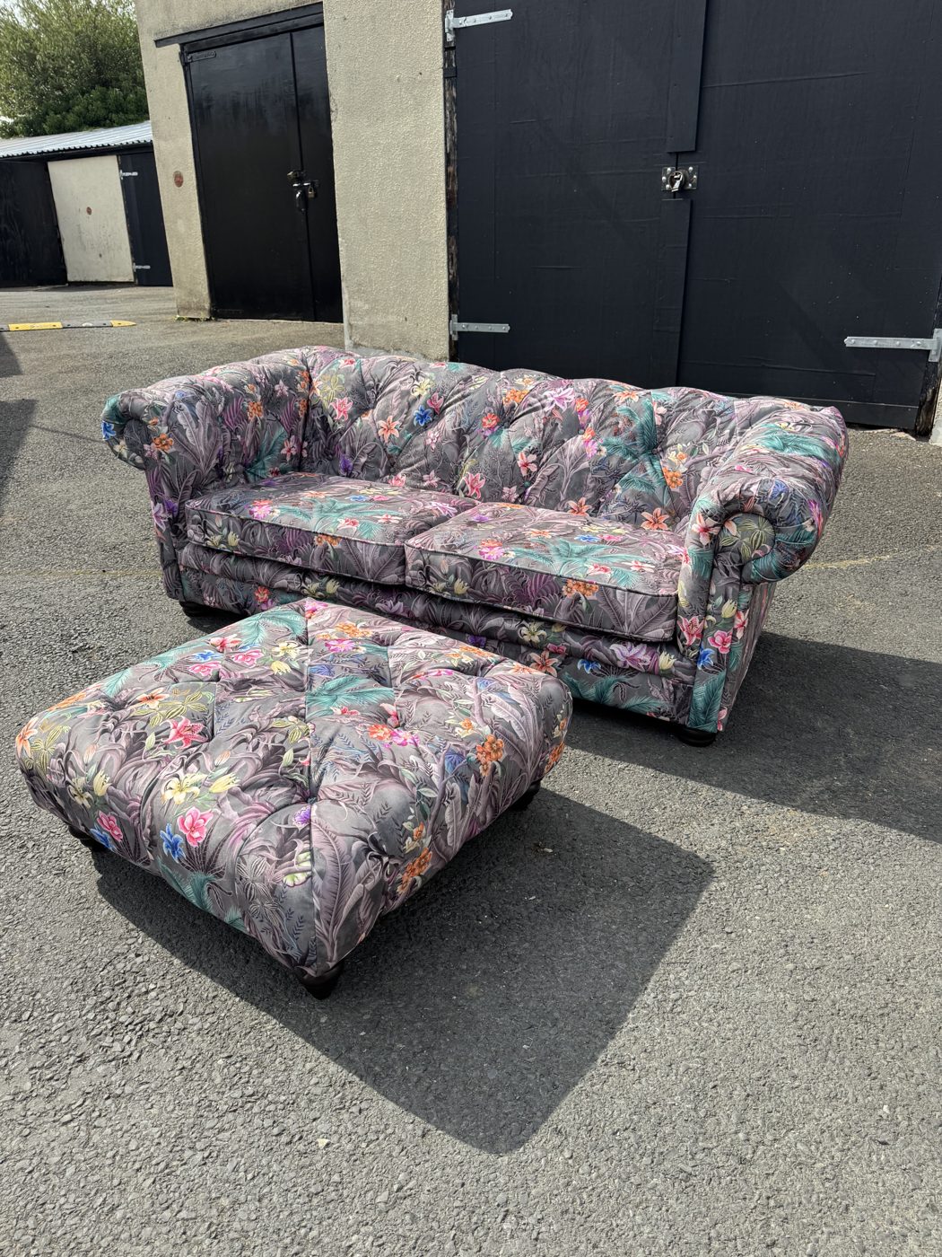 Chesterfield sofa and footstool re-covered in floral velvet