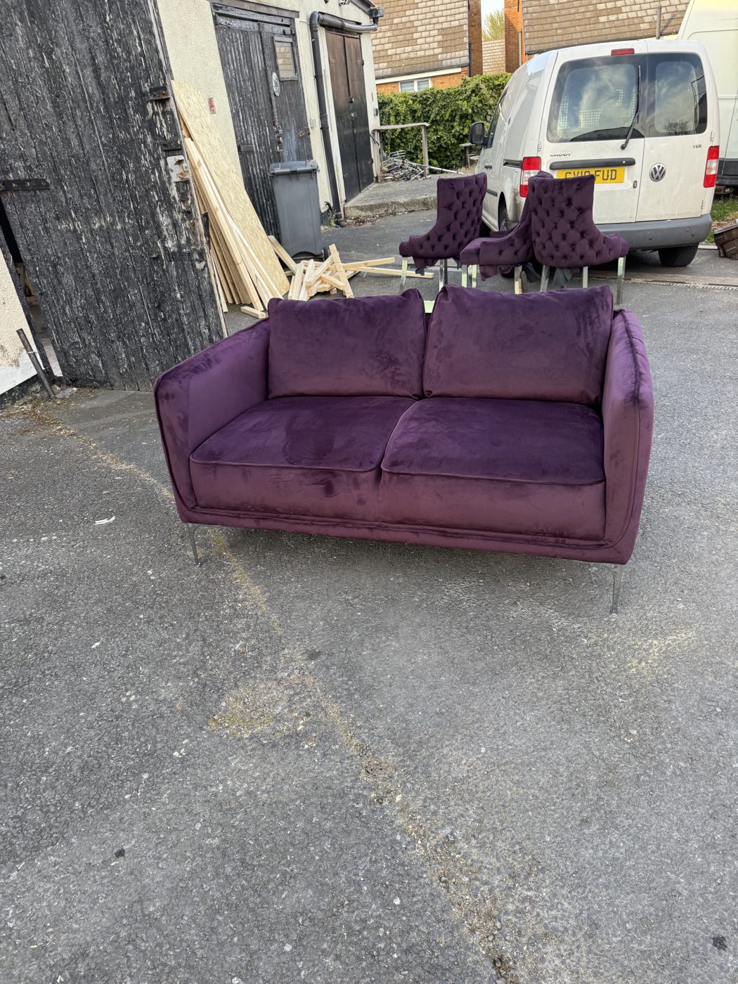 Sofa and chairs re-upholstered in purple velvet, Blackpool upholstery