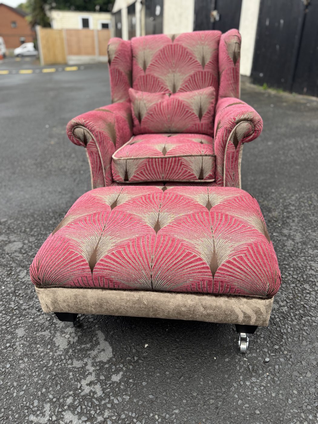 Wingback chair and matching ottoman re-upholstered in patterned velvet, Blackpool