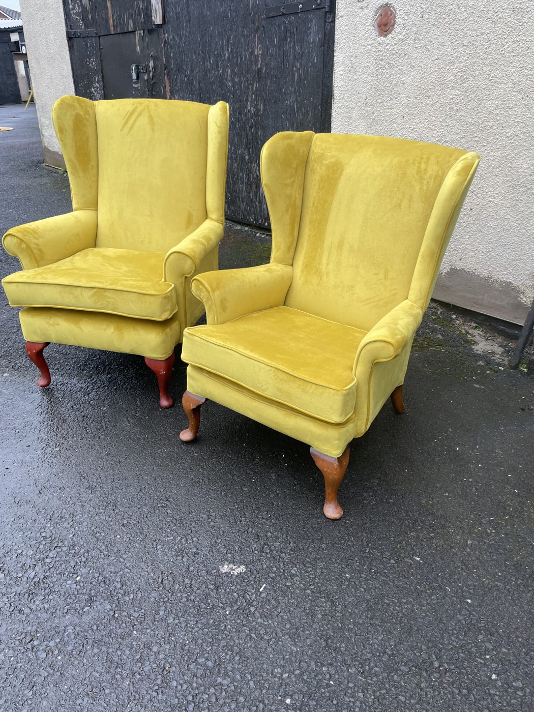 Pair of wingback chairs re-upholstered in bright yellow velvet by Steve Watts Upholstery Blackpool